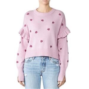 Cinq A Sept Lorelei Floral Embroidered Ruffle Trim Sweater Size XS Pink